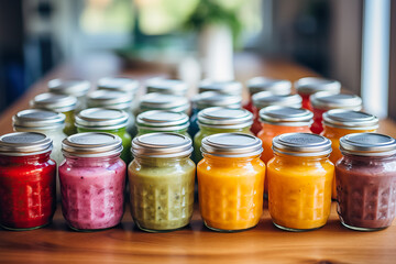 A neatly arranged set of colorful baby food jars stored in a specialized organizer making mealtimes a breeze 
