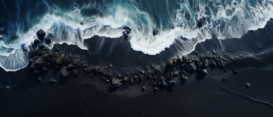 Czarna plaża - tło. Spienione morskie fale i kamienie. Dynamiczny krajobraz - 643960011