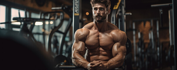 Fototapeta na wymiar Handsome bodybuilder working out in the gym. 