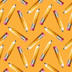  Seamless pattern with pencils on the orange background. Vector kids pattern with school theme