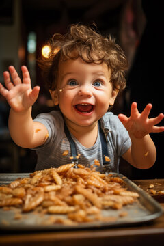 Naklejki Photo: Curious baby with messy hands and a delighted expression exploring the taste and texture of various finger foods 