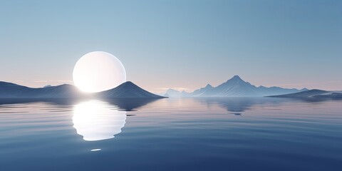 3d render, abstract minimalist background, nordic futuristic landscape, fantastic tranquil seascape with calm water, round mirror disk and pastel blue, Generative AI - obrazy, fototapety, plakaty