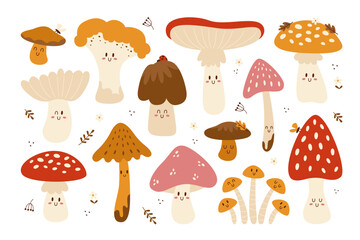 Different cute mushroom cartoon character with happy cheerful emotion isolated set on white - obrazy, fototapety, plakaty