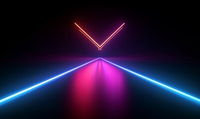 3d render, abstract minimalist geometric background. Glowing neon arrow points right, linear direction symbol, Generative AI - obrazy, fototapety, plakaty