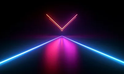 Foto op Canvas 3d render, abstract minimalist geometric background. Glowing neon arrow points right, linear direction symbol, Generative AI © Media Masterpieces