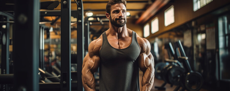 Young bodybuilder resting in gym during workout.