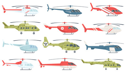 Different helicopter cartoon military, emergency, rescue, passenger aviation transport set