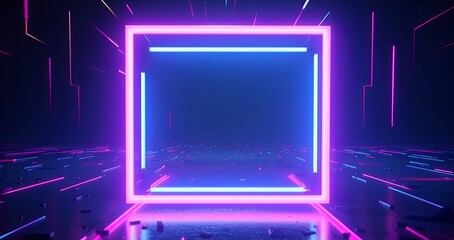 looping 3d animation. Abstract futuristic neon background with blank square frame and crystals. Pink blue glowing lines draw simple geometric shape. Spiritual fantasy, Generative AI