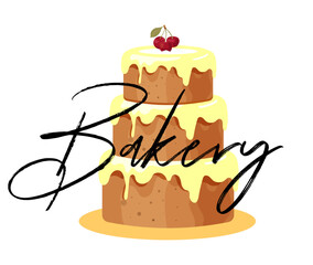 cake with cherry. Cake shop. the best cakes and pastry. hand drawn positive lettering phrase about kitchen and bakery isolated on the white background.
