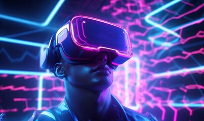 3D render, futuristic neon background. Visualization of a man wearing virtual reality glasses, electronic head device. User interface. Player one ready for the game in cyber, Generative AI