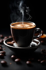 Hot black coffee mug on dark background