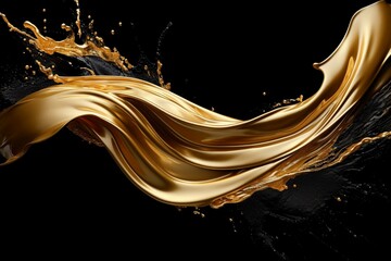 Abstract gold splash with metallic jet and oil on black background. Cosmetics luxury ingredients. Generative AI