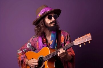 Obraz premium Stylish hippie sunglasses with guitar. Generate Ai