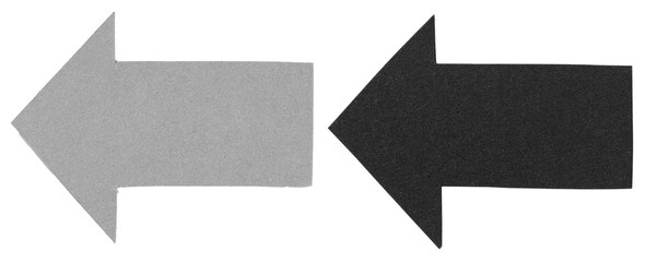 Gray and black paper cardboard arrows symbols pointing left direction signs isolated on white or...