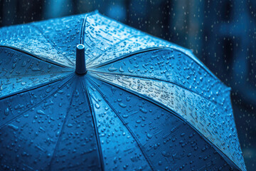 Blue umbrella under the rain - obrazy, fototapety, plakaty