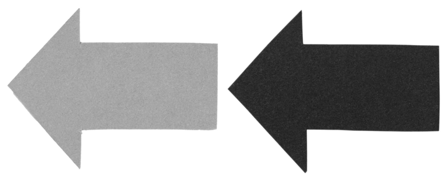 Gray and black paper cardboard arrows symbols pointing left direction signs isolated on white or transparent background
