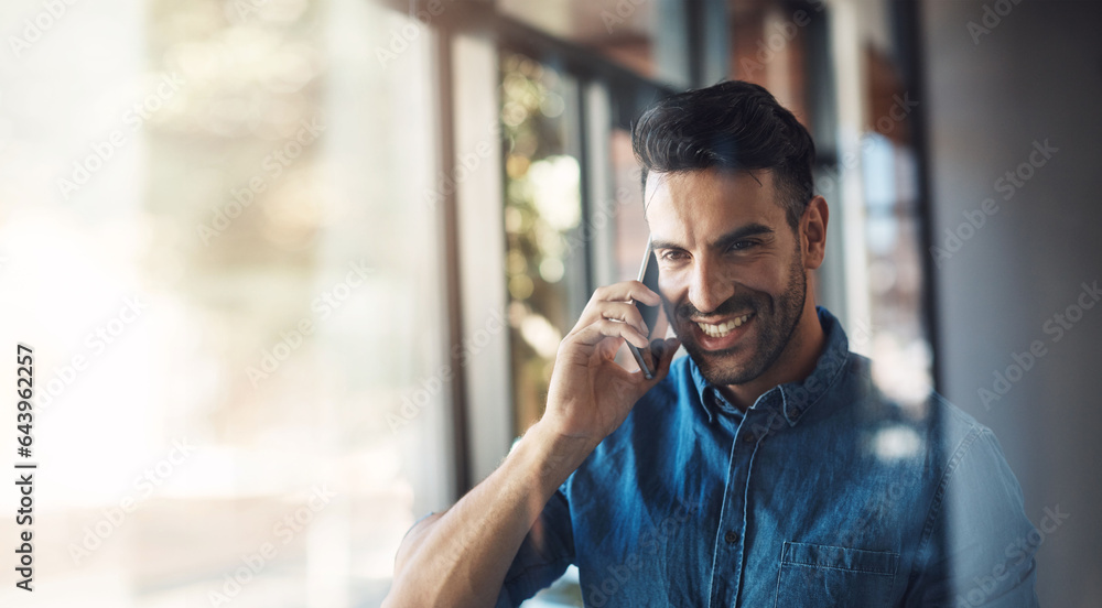 Poster banner, phone call and man in office with smile, mockup and business communication for b2b trading. 