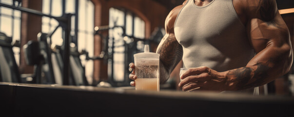 Fototapeta premium Bodybuilder after workout in the gym is drinking protein shake.