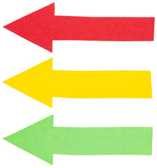 Red yellow green paper cardboard arrows symbols pointing left direction signs isolated on white or...