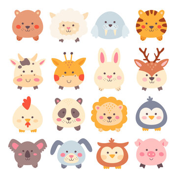 Round chubby fat animal and bird domestic farm, wild forest creature character isolated set