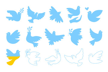 White and blue dove flying bird peace symbol silhouette and no war support Ukraine isolated set
