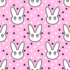 White cute bunnies on pink polka dot background. Vector seamless pattern. Best for textile, print, wallpapers, and festive decoration.