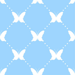 White butterflies and dots on blue background. Vector seamless pattern. Best for textile, print, wallpapers, and wedding decoration.