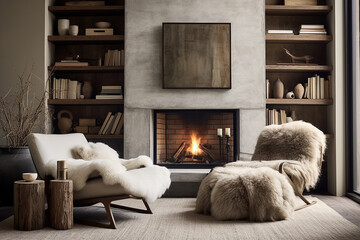 A cozy reading corner by a fireplace, adorned with fur throws, rustic wooden shelves, and modern art pieces. - obrazy, fototapety, plakaty