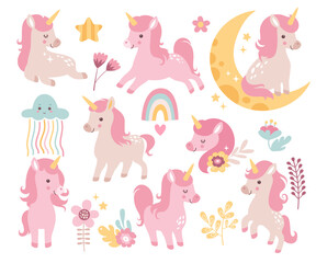 Cute baby unicorns magic animal fantasy horse or pony set with moon and rainbow decoration