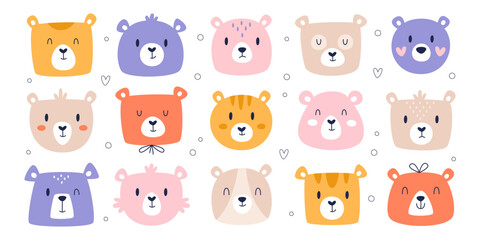 Fototapeta premium Cute happy teddy bear head hand drawn forest animal character with smile on face isolated set