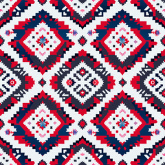 Ikat geometric folklore ornament with diamonds. Tribal ethnic vector texture. Seamless striped pattern in Aztec style. Folk embroidery. Indian, Scandinavian, Gypsy, Mexican, African rug.