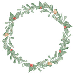 Merry Christmas wreath, snowflakes, white background. Green fir twigs, white and red berries. Vector illustration. Nature design greeting card template. Winter xmas holidays