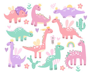 Cute fantasy dinosaur princess hand drawn colorful magic sweet baby animal character childish set