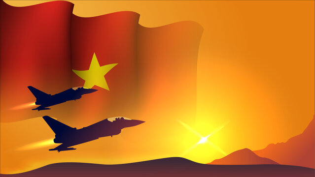 fighter jet plane with vietnam waving flag background design with sunset view suitable for national vietnam air forces day event