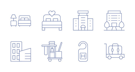Hotel icons. editable stroke. Containing accomodation, bed, building, cleaning cart, hotel, hotel sign, luggage cart.