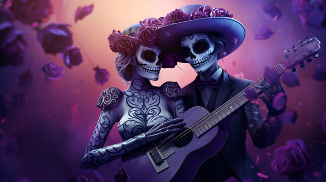 3d illustration of a couple in love with roses and a guitar, Mexican Day of the Dead, skull