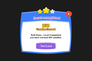 Game Popup Menu Settings. Buy. Exit. Level Complete with buttons. Vector PopUp Banner for a Casual Game. Level PopUp for Casual Game. Set of user interface GUI to build 2D games. Game popup design.