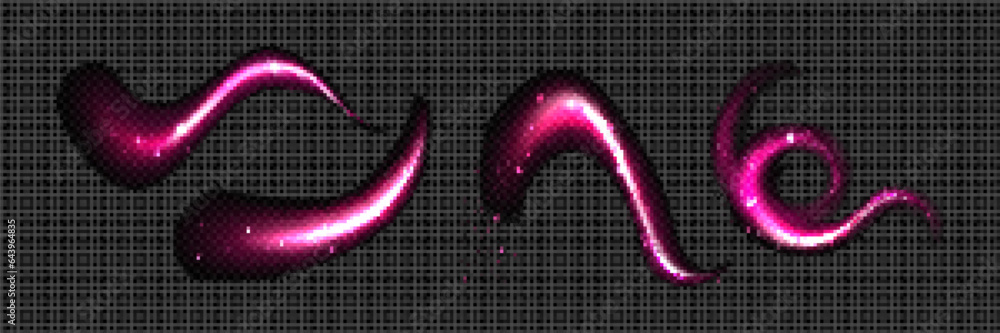 Poster fairy pink light trail from magic wand with dust and bright flash. realistic vector set of abstract 