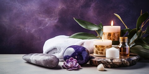 Beauty treatment items for spa procedures on violet marble table and gold marble wall. massage stones, essential oils and sea salt. candle, rolled up white towel, plants, copy space