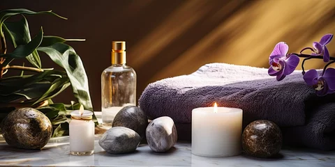 Fototapete Massagesalon Beauty treatment items for spa procedures on violet marble table and gold marble wall. massage stones, essential oils and sea salt. candle, rolled up white towel, plants, copy space