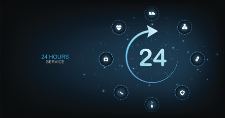 24-hour service virtual healthcare concept. The 24-hour a day medical icon is on a dark blue background.