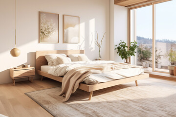 A Scandinavian-inspired bedroom flooded with sunlight, featuring a plush bed, wooden furniture, and soft textiles.