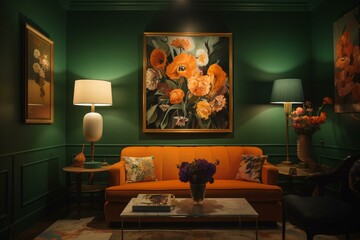 A room with a green-orange color scheme, featuring a sofa, flower, lamps, and paintings. Generative AI