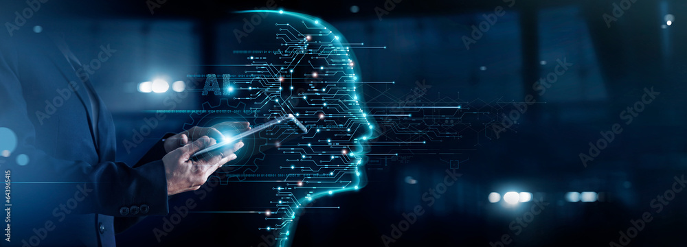 Fototapete .AI, Machine learning, Businessman use tablet and synchronize with structure of brain Artificial Intelligence (AI) on network for working in the futuristic business,  Coding and software development.