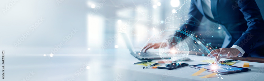 Aufkleber Abstract. Businessman use laptop and synchronize data of business on computer device with global network, Data exchange, Information Transfer, Data science analytics and internet technology.