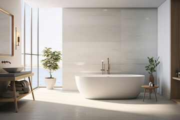 A spa-like bathroom with light-colored tiles, a freestanding tub, and elegant fixtures for a luxurious touch.