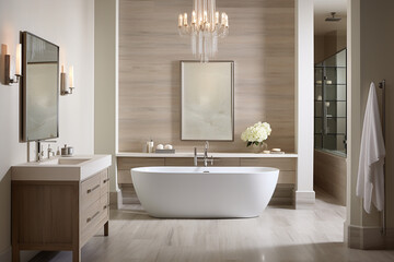 Fototapeta na wymiar A spa-like bathroom with light-colored tiles, a freestanding tub, and elegant fixtures for a luxurious touch.