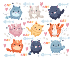 Funny round cat, kawaii domestic pet animal, cute cartoon fatty kitten character isolated set