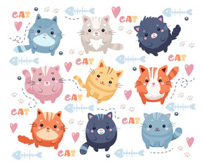 Obraz premium Funny round cat, kawaii domestic pet animal, cute cartoon fatty kitten character isolated set