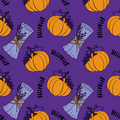 Halloween pattern with orange pumpkin and magic blue scroll hand drawn doodle, dark background. Vector illustration